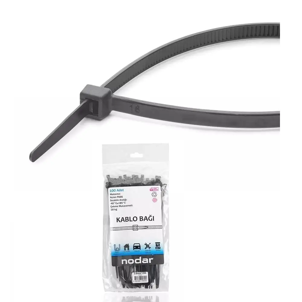 Nodar ND4803S Plastik Kablo Bağı (Cırt Kelepçe) 3.6*200mm Siyah 100 lü